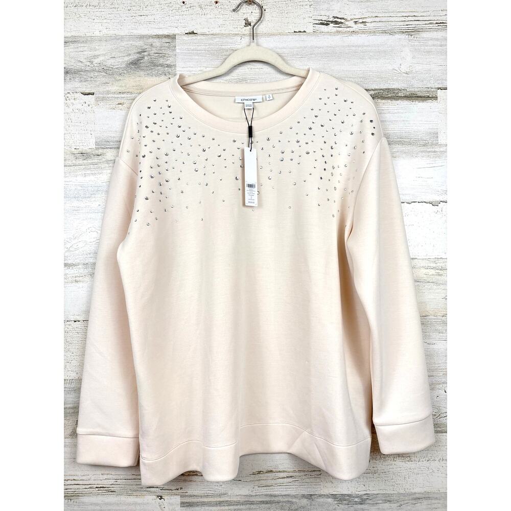 Chico's Womens L Cream Silver Rhinestone Popover Sweatshirt Casual Chic NWT